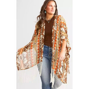 Hooey Ladies Aztec Cow Hide Printed Multi Colored Chiffon Fringe Kimono O/S